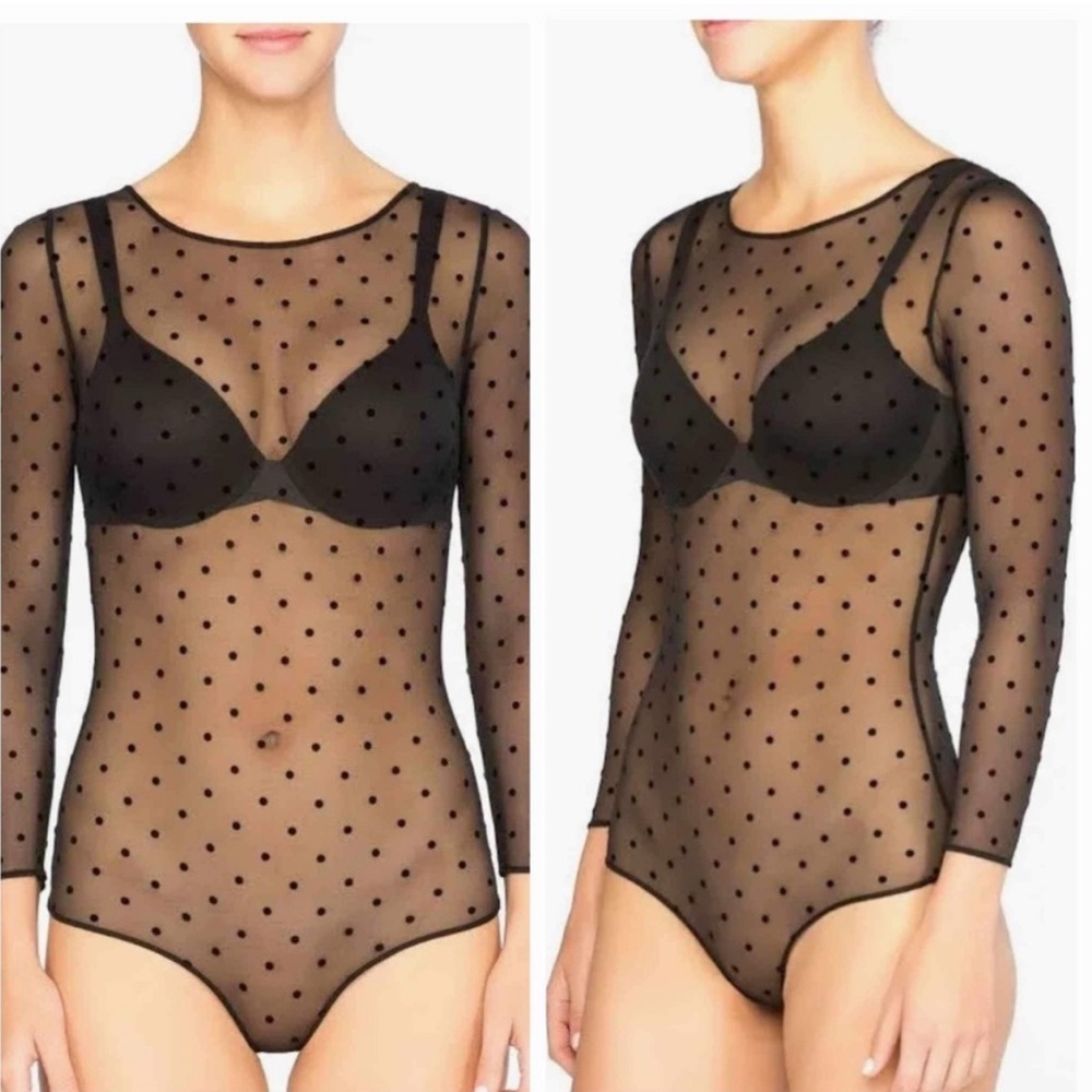 SPANX Black Sheer Polka Dot Long-Sleeve Bodysuit